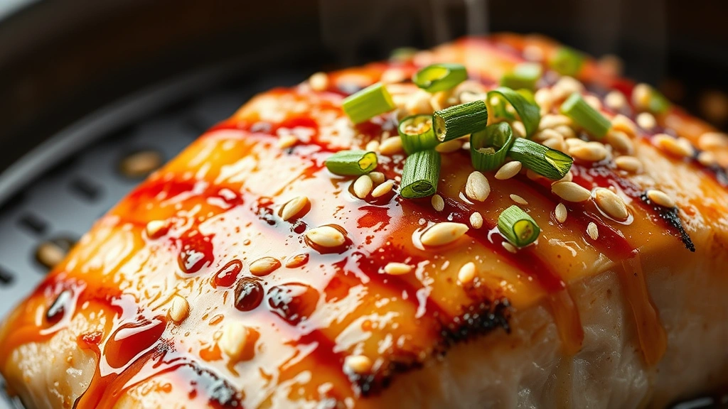 detail: close-up of baked miso black cod showing flaky texture, caramelized glaze, green onion and sesame seed garnish, steam rising, photorealistic, warm natural light