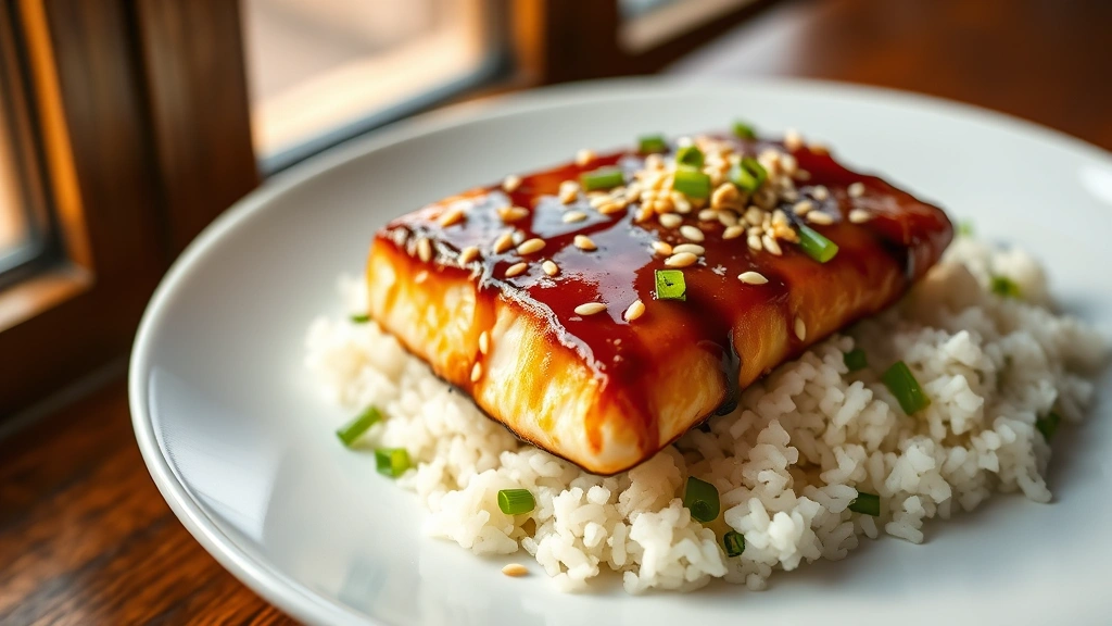 hero: perfectly glazed miso cod fillet on white plate with steamed jasmine rice, garnished with sesame seeds and scallions, warm natural window light, shallow depth of field, professional food photography