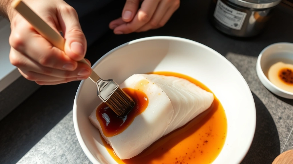process: hands spreading miso glaze on raw cod fillet with brush, white bowl of miso mixture in background, bright kitchen lighting, overhead angle, natural daylight