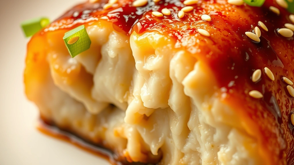 detail: close-up cross-section of cooked miso cod showing flaky tender interior with caramelized mahogany exterior glaze, sesame seeds and green onion garnish, macro photography, warm golden lighting
