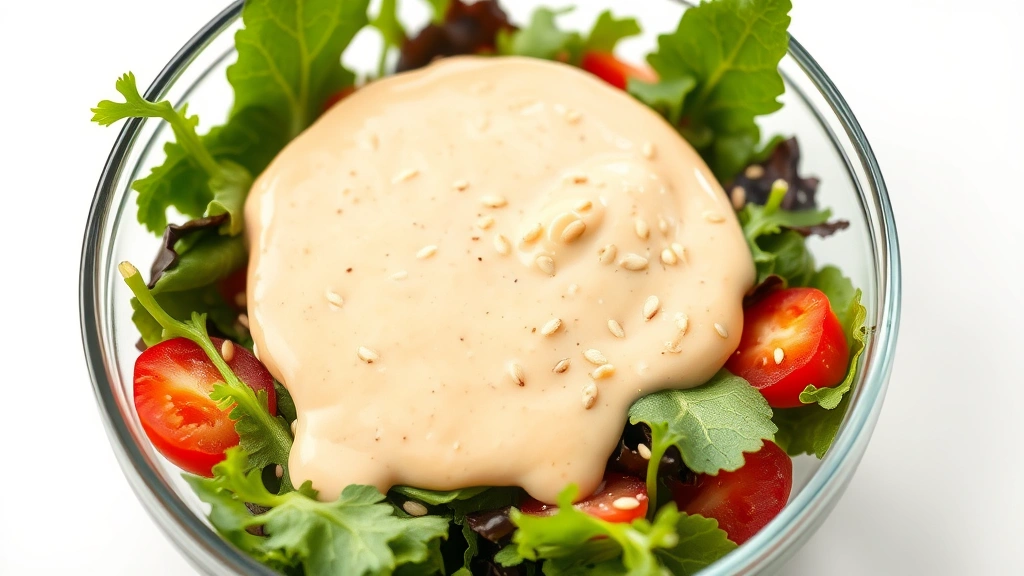 hero: creamy miso dressing in glass bowl with white background, drizzled over fresh mixed greens, sesame seeds sprinkled on top, photorealistic, natural soft light, no text