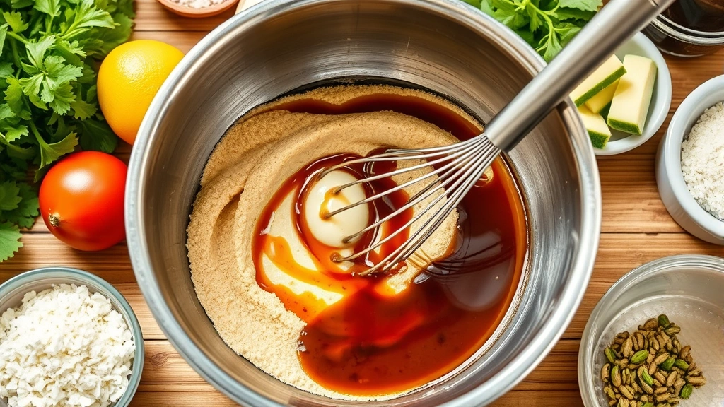 process: whisking miso paste with other ingredients in stainless steel bowl, ingredients visible around bowl, photorealistic, natural bright kitchen light, no text