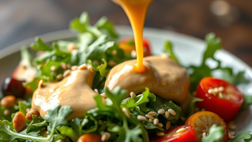 detail: close-up of creamy miso dressing being drizzled over fresh arugula salad with sesame seeds, shallow depth of field, photorealistic, natural light, no text