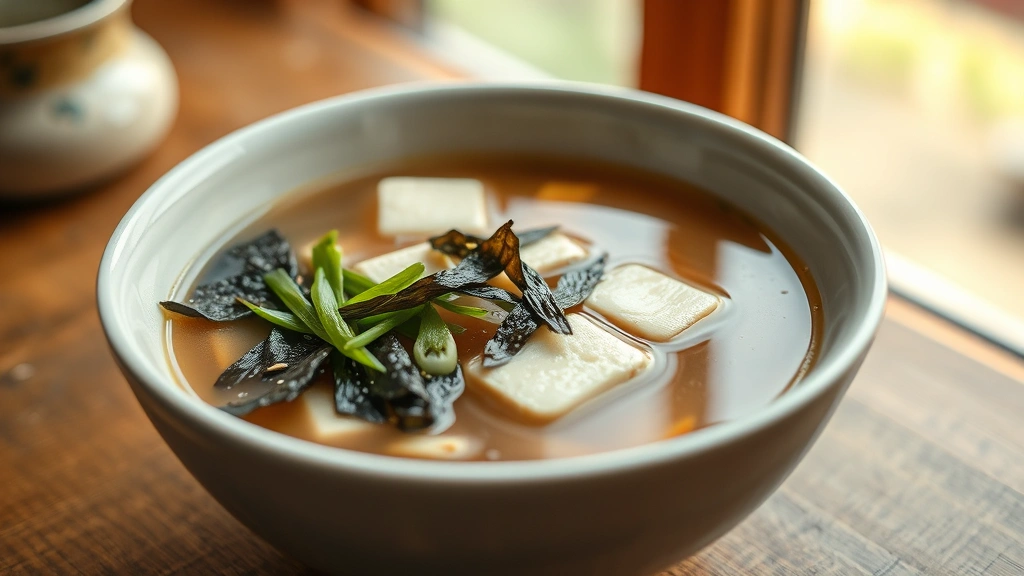 hero: steaming bowl of miso soup with silken tofu, wakame seaweed, scallions and sesame seeds, in a white ceramic bowl, natural window light, warm tones, shallow depth of field, Japanese aesthetic