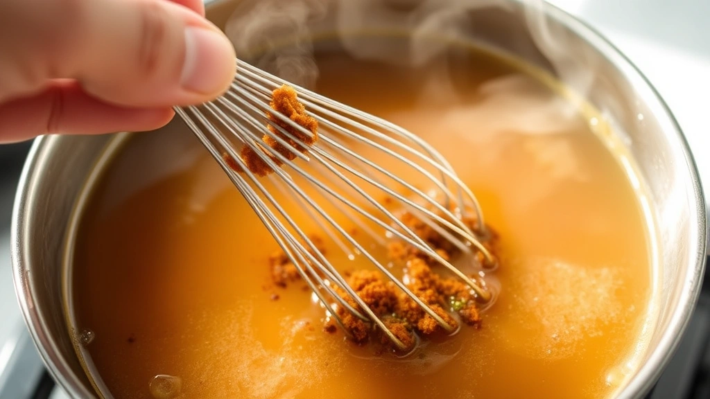 process: hand dissolving miso paste in hot broth with small whisk, close-up, steam rising, natural kitchen light, showing technique and texture
