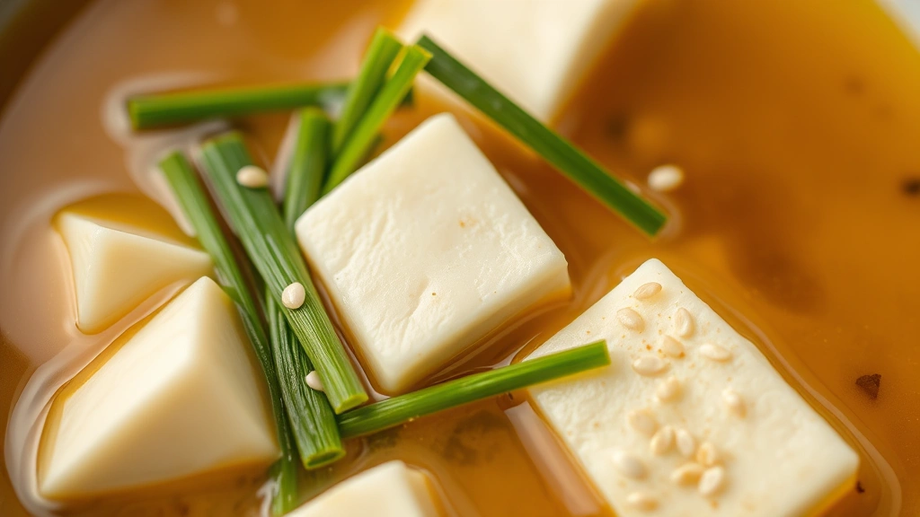 detail: close-up of finished miso soup showing perfectly cubed tofu, delicate wakame, fresh green scallions, white sesame seeds, golden broth, macro photography, artistic composition