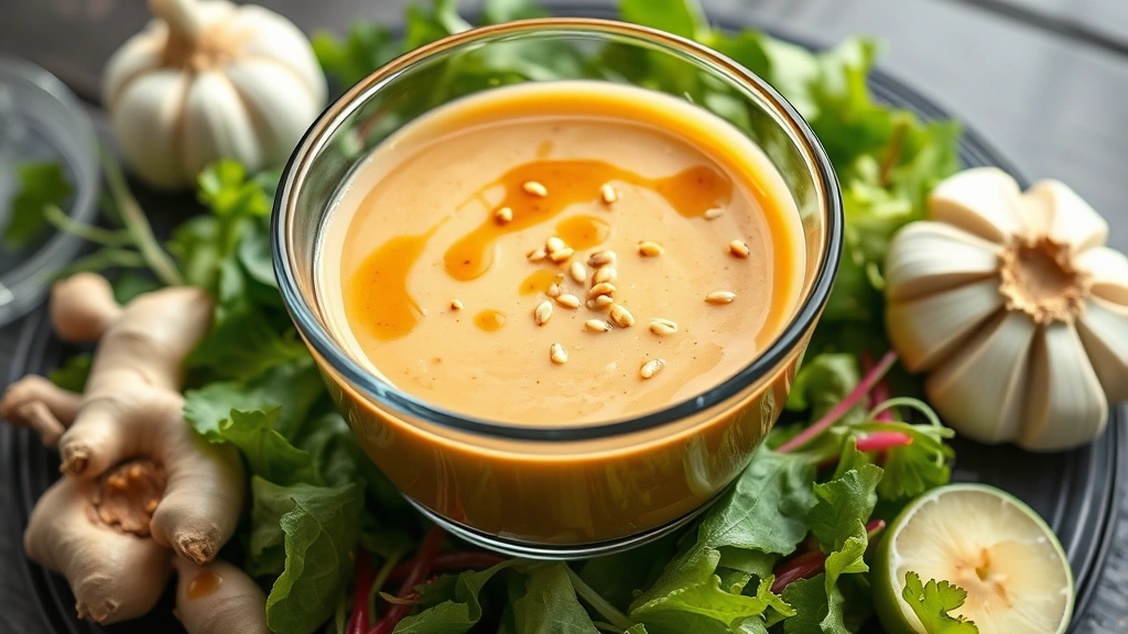 hero: Elegant glass bowl filled with creamy miso salad dressing, drizzled with sesame oil and sprinkled with sesame seeds, surrounded by fresh salad ingredients like ginger and garlic, photorealistic, natural window light, shot from above, no text