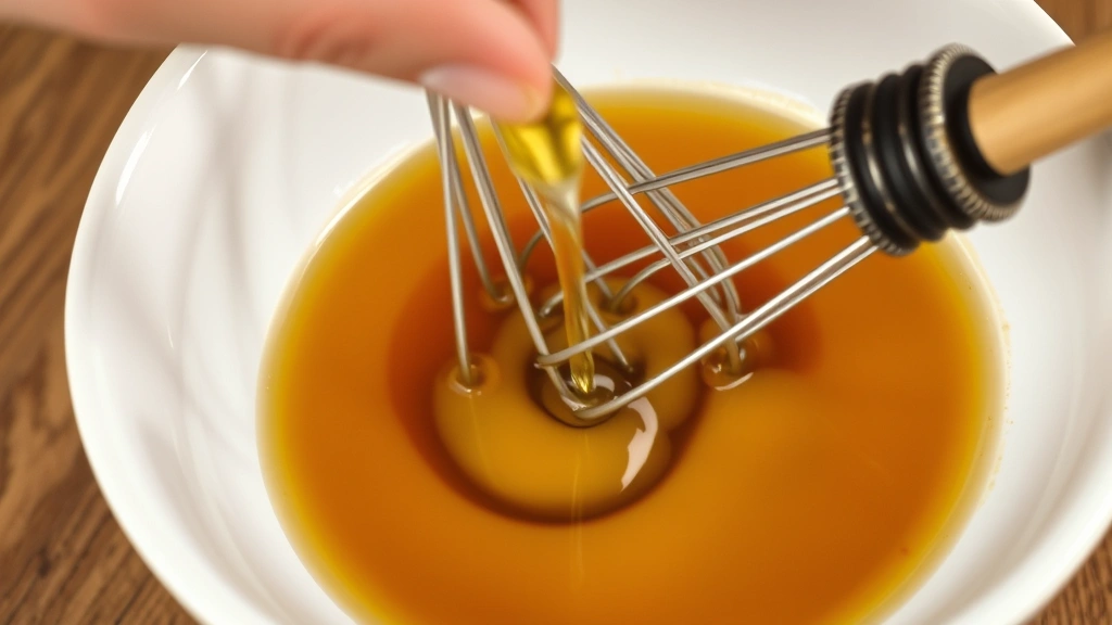 process: Close-up of hand whisking miso paste and vinegar together in a white ceramic bowl, oil being slowly drizzled in, photorealistic, natural light, no text