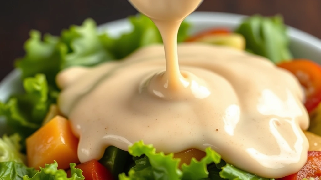 detail: Creamy miso dressing being drizzled over a fresh green salad with vegetables, showing the glossy coating and emulsified texture, photorealistic, natural light, extreme close-up, no text