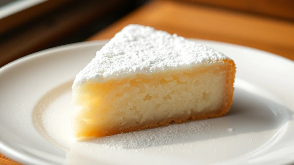 hero: slice of mochi cake with dusted powdered sugar on white plate, soft natural window light, shallow depth of field, warm tones