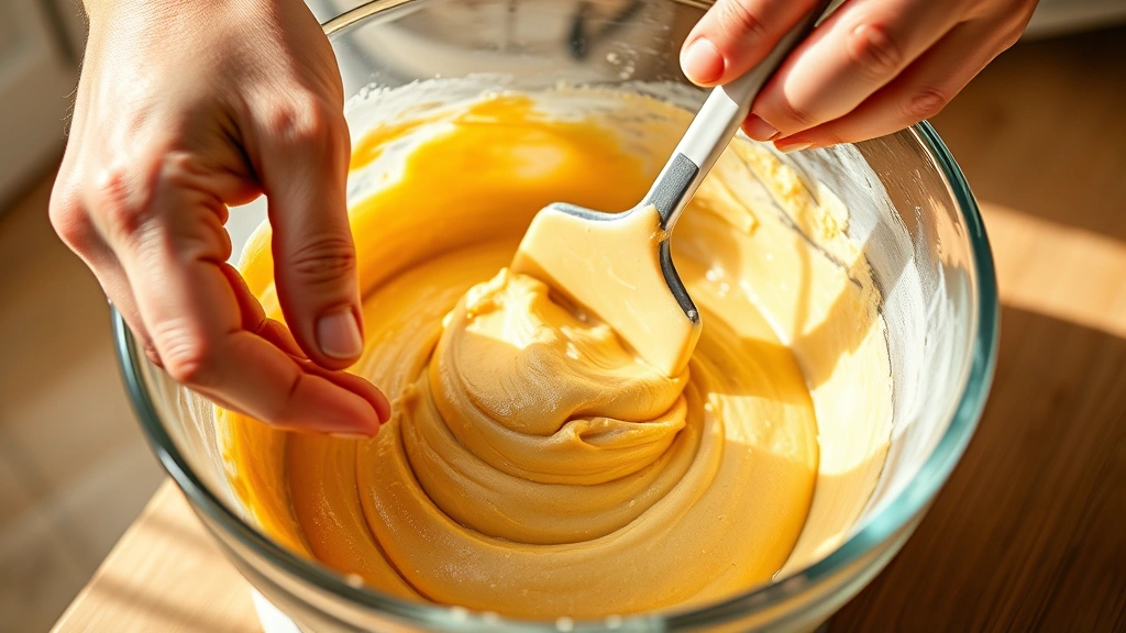 process: hands folding batter in mixing bowl with spatula, golden batter, natural kitchen light, close perspective