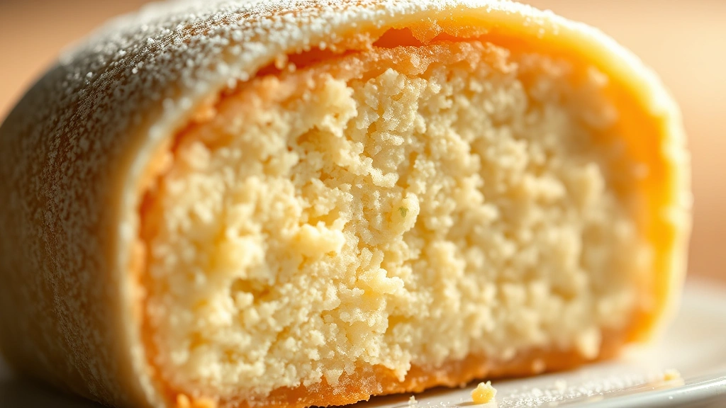 detail: close-up cross-section of mochi cake showing tender crumb and chewy center, dramatic side lighting, shallow focus on texture