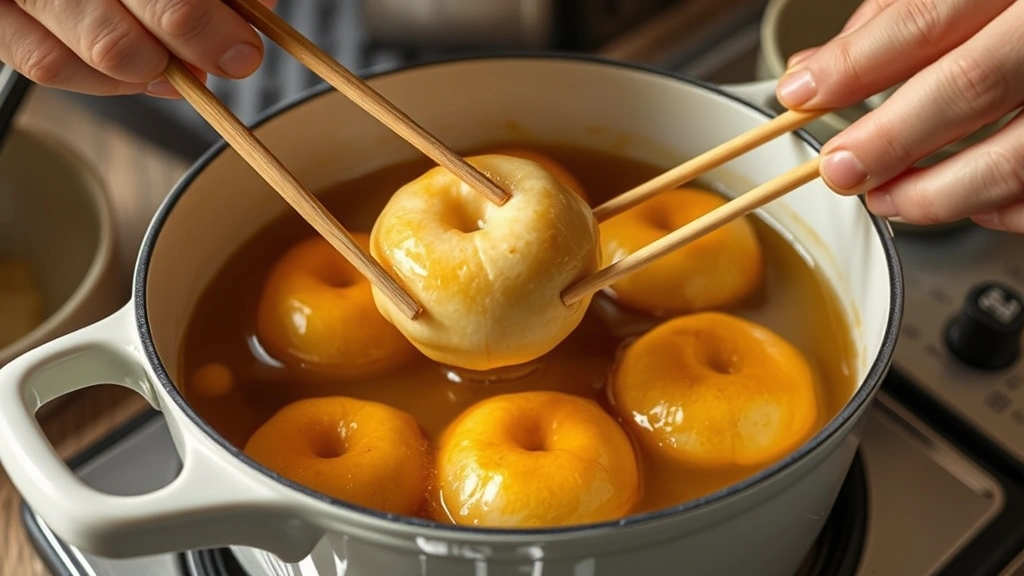 process: hands using chopsticks to flip golden mochi donuts in hot oil in white Dutch oven, photorealistic, natural kitchen light, no text