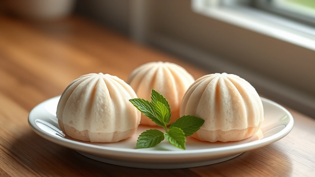 hero: three mochi ice cream pieces on a white ceramic plate with fresh mint garnish, photorealistic, natural window light, no text, shallow depth of field