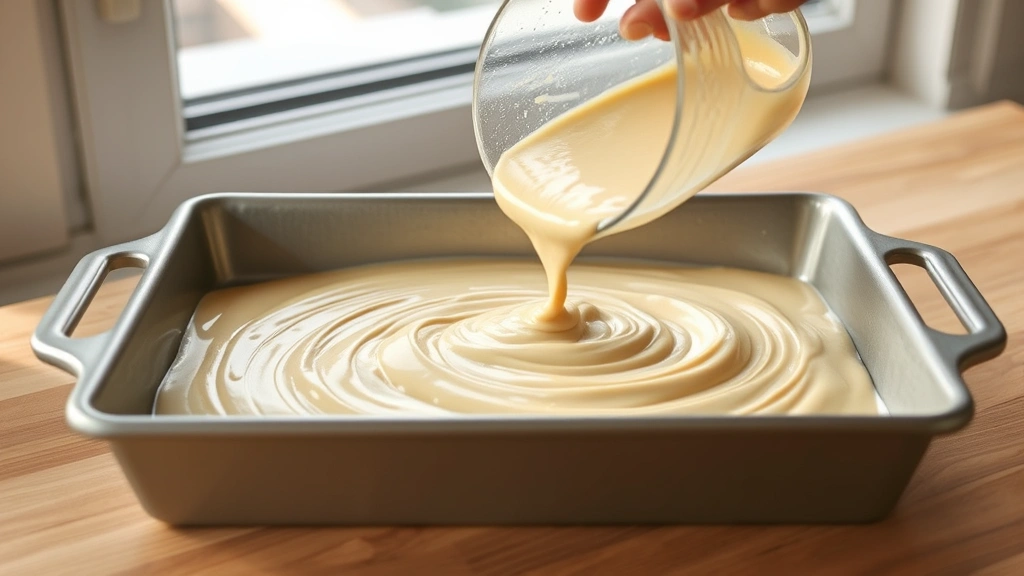 process: hand pouring smooth batter into buttered 9x13 baking pan, batter spreading evenly, natural daylight from window, action shot of preparation