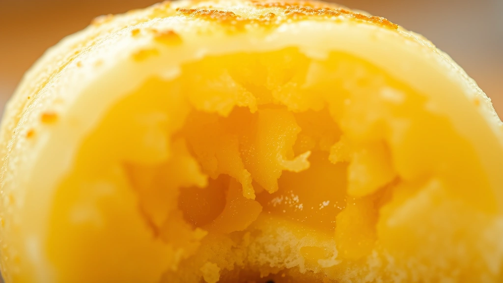 detail: extreme close-up of cross-section of butter mochi showing crispy caramelized exterior and chewy moist interior layers, shallow depth of field, warm golden lighting