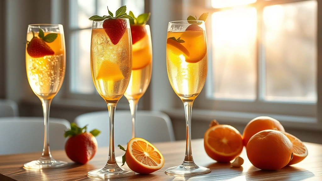 hero: Four champagne flutes filled with mockmosa garnished with fresh strawberries, mint sprigs, and orange slices, golden orange juice visible through crystal glass, sparkling bubbles, bright morning sunlight streaming through windows creating warm glow, natural wood table surface, fresh citrus fruits scattered nearby, photorealistic, no text