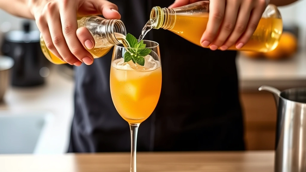 process: Hands carefully pouring sparkling apple cider into a champagne flute containing orange juice, bubbles rising, ice visible, mint sprig being placed as garnish, action shot mid-pour, natural kitchen lighting, stainless steel pitcher, photorealistic, no text