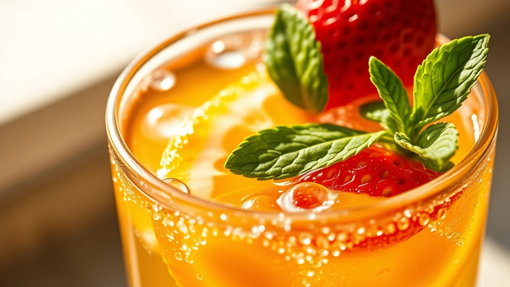 detail: Close-up of single mockmosa glass showing carbonation bubbles suspended in golden liquid, fresh strawberry perfectly positioned on rim, mint leaf in sharp focus, orange slice floating, morning light creating subtle shadows and highlights, photorealistic macro photography, no text