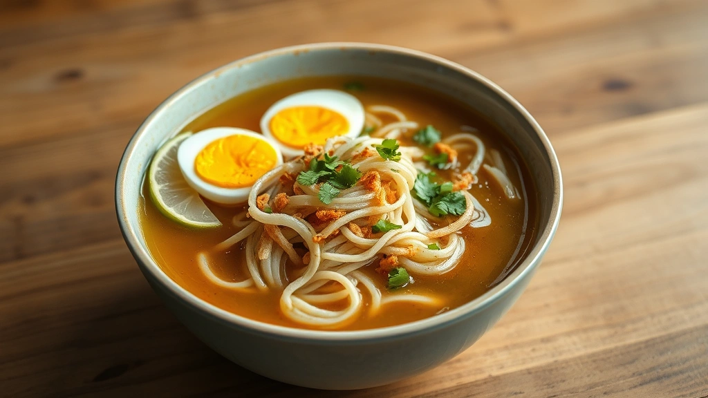 hero: steaming bowl of mohinga soup with egg noodles, crispy fried onions, hard-boiled eggs, fresh herbs, and lime wedge, golden-brown broth, creamy texture, warm lighting, wooden table background, photorealistic, natural daylight, no text