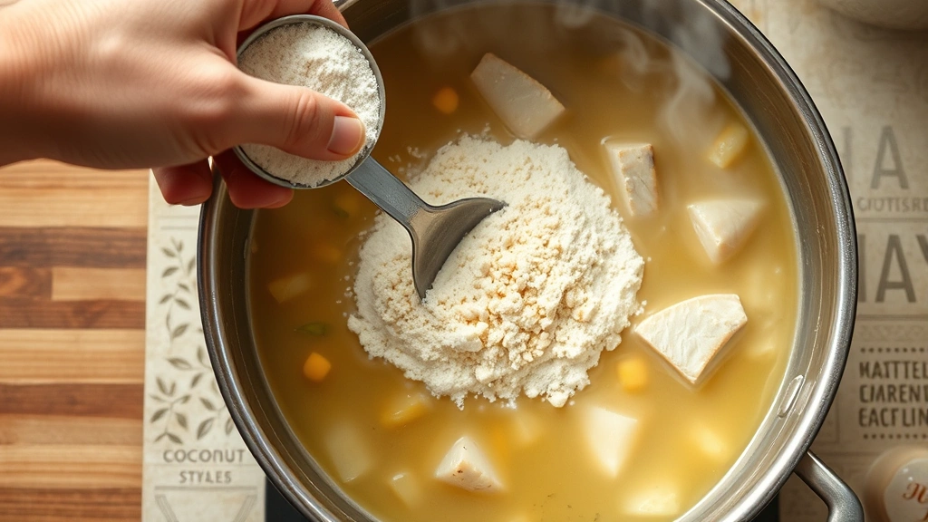 process: hand stirring chickpea flour slurry into simmering coconut broth in large pot, fish chunks visible, aromatic steam rising, overhead shot, photorealistic, natural kitchen lighting, no text