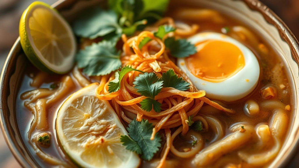 detail: close-up of mohinga bowl with noodles, crispy fried onions, cilantro, mint leaves, lime wedge, and egg half, shallow depth of field, golden hour lighting, photorealistic, no text