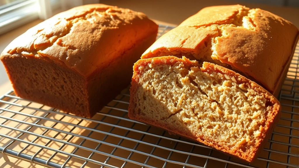 hero: Two golden-brown banana bread loaves cooling on a wire rack, one slice cut and leaning against the loaf showing the moist tender crumb, warm afternoon sunlight streaming across the loaves creating shadows, no text visible