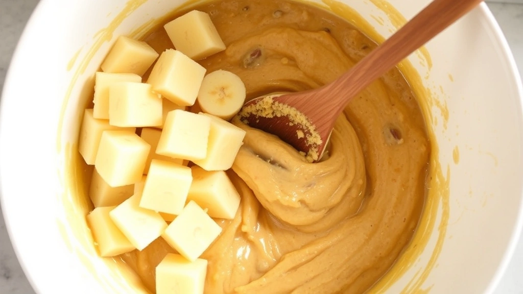 process: Overhead view of mashed bananas being folded into a golden batter with a wooden spoon in a large white mixing bowl, wet ingredients visible and creamy, natural kitchen window light, no text