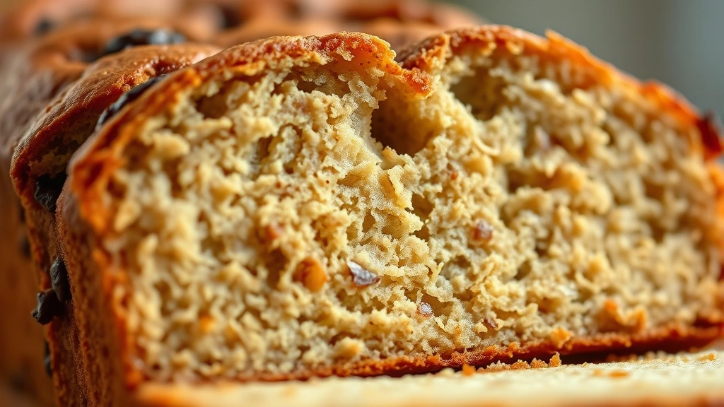 detail: Close-up macro shot of a single slice of moist banana bread showing the tender crumb structure and moisture, fresh from the loaf, golden-brown exterior visible, warm natural light highlighting the texture, no text