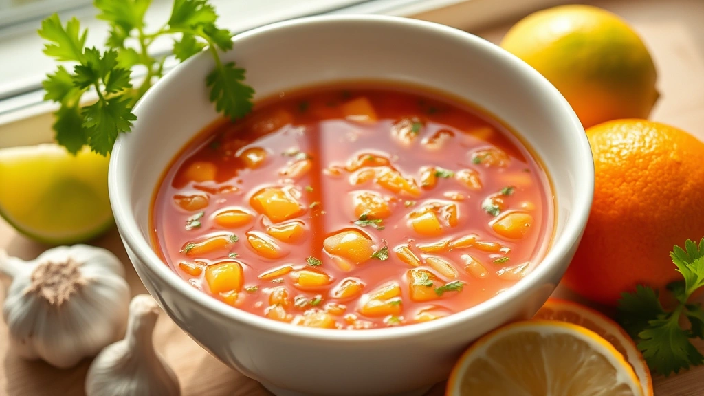 hero: vibrant mojo marinade in a white bowl, glistening with citrus and olive oil, fresh lime and orange slices alongside, garlic cloves and cilantro visible, bright natural window light, tropical aesthetic, no text