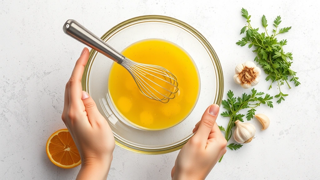 process: hands whisking citrus juices and olive oil together in a glass bowl, garlic and fresh herbs scattered nearby, overhead shot, natural bright lighting, food photography style, no text