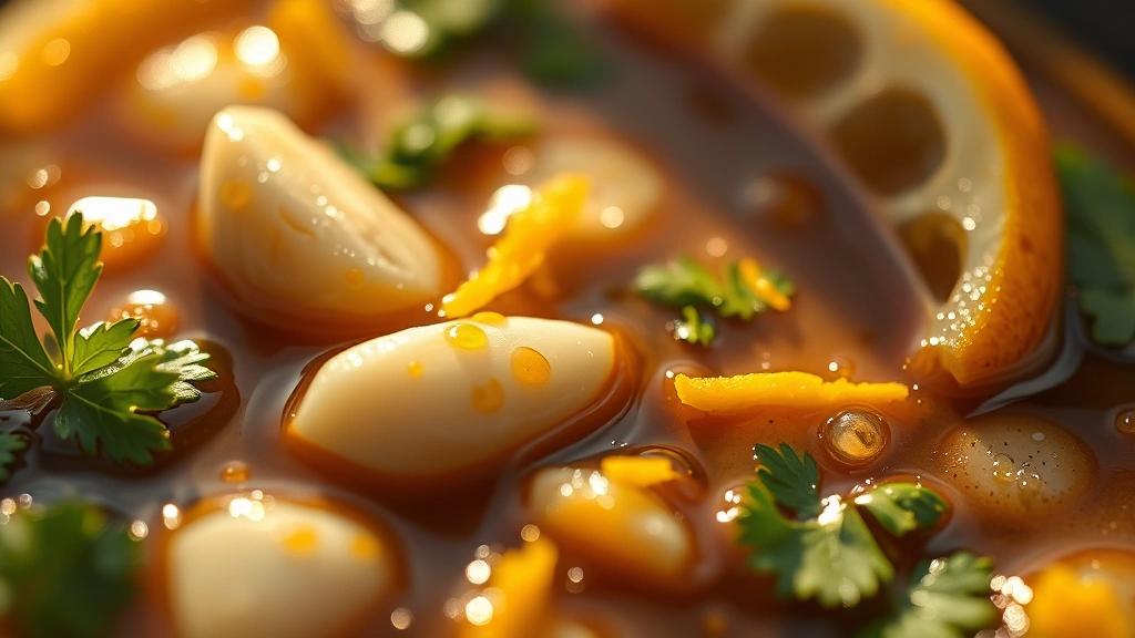 detail: close-up of mojo marinade with visible garlic pieces, cilantro, and orange zest, shallow depth of field, golden hour sunlight, droplets and texture visible, no text