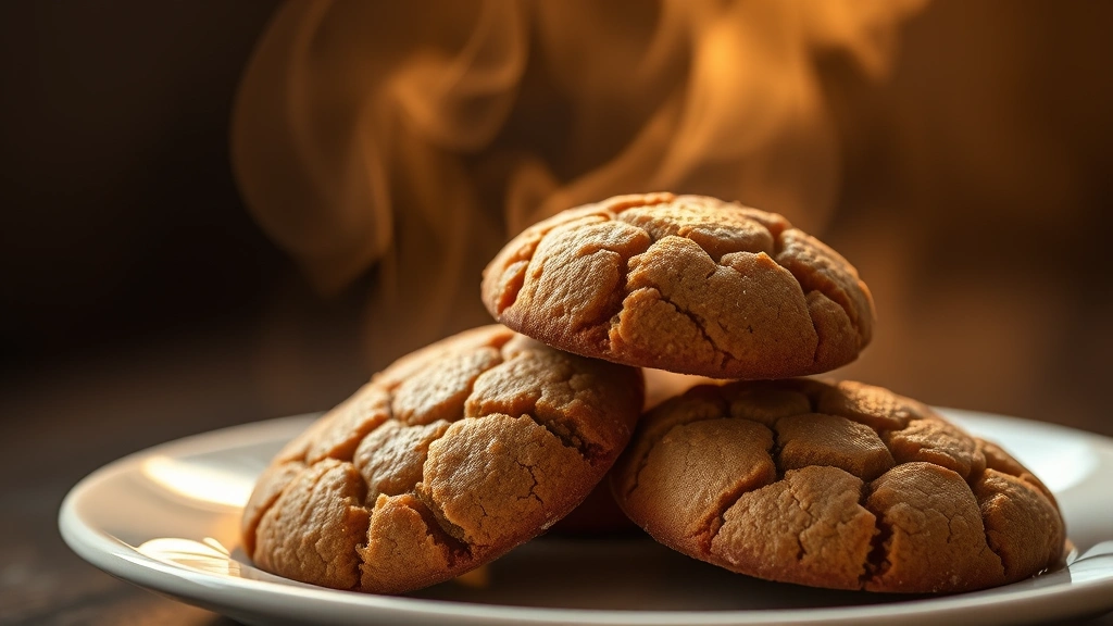 hero: warm molasses cookies with crackled sugar coating on white plate, dark moody background, golden afternoon light, steam rising, cozy aesthetic