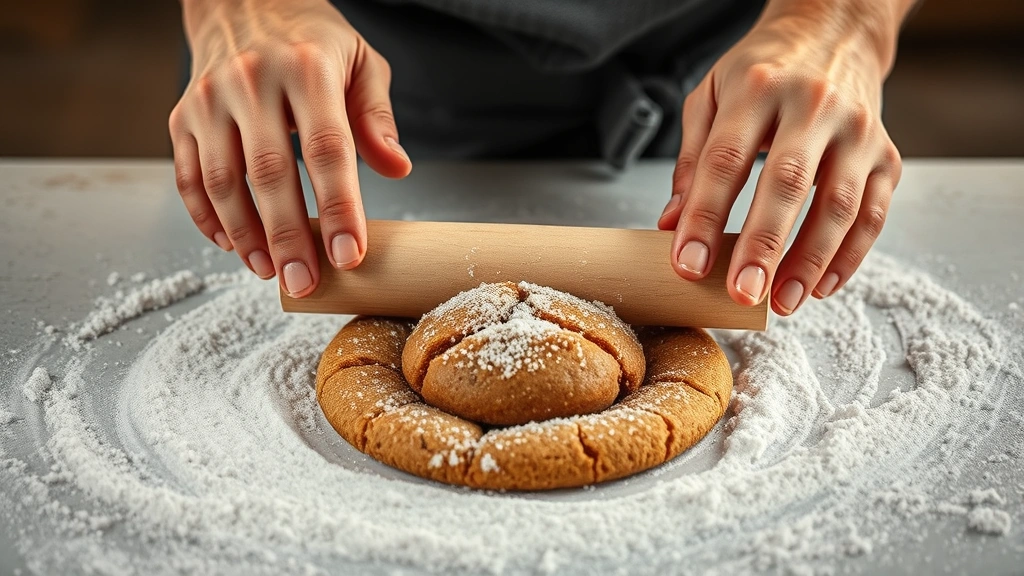 process: baker hands rolling molasses cookie dough in coarse sugar, flour dusted surface, warm kitchen lighting, professional photography