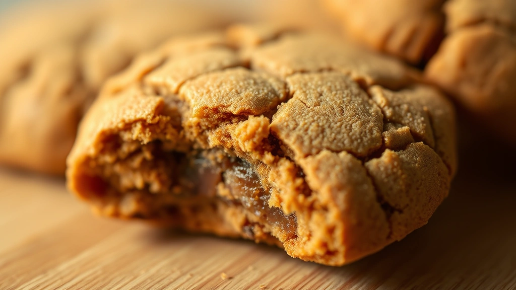 detail: close-up of single molasses cookie showing crackled sugar top and chewy center texture, shallow depth of field, warm natural light