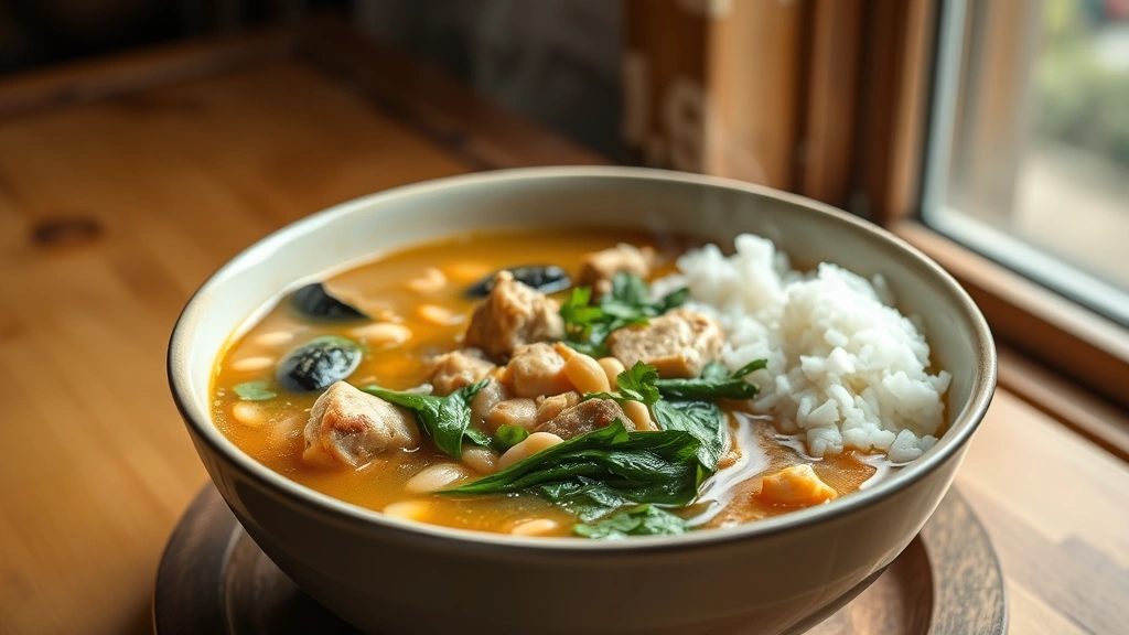 hero: steaming bowl of Filipino monggo stew with mung beans, tender pork, and fresh greens, served with white rice, golden broth, garnished with fresh herbs, warm cozy lighting, natural daylight from window, no text or watermarks