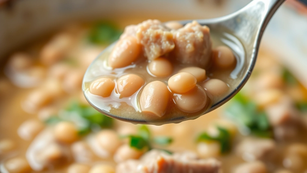 detail: close-up macro shot of spoonful of monggo showing mung beans, tender meat, and creamy broth texture, shallow depth of field, warm natural lighting, professional food styling, no text