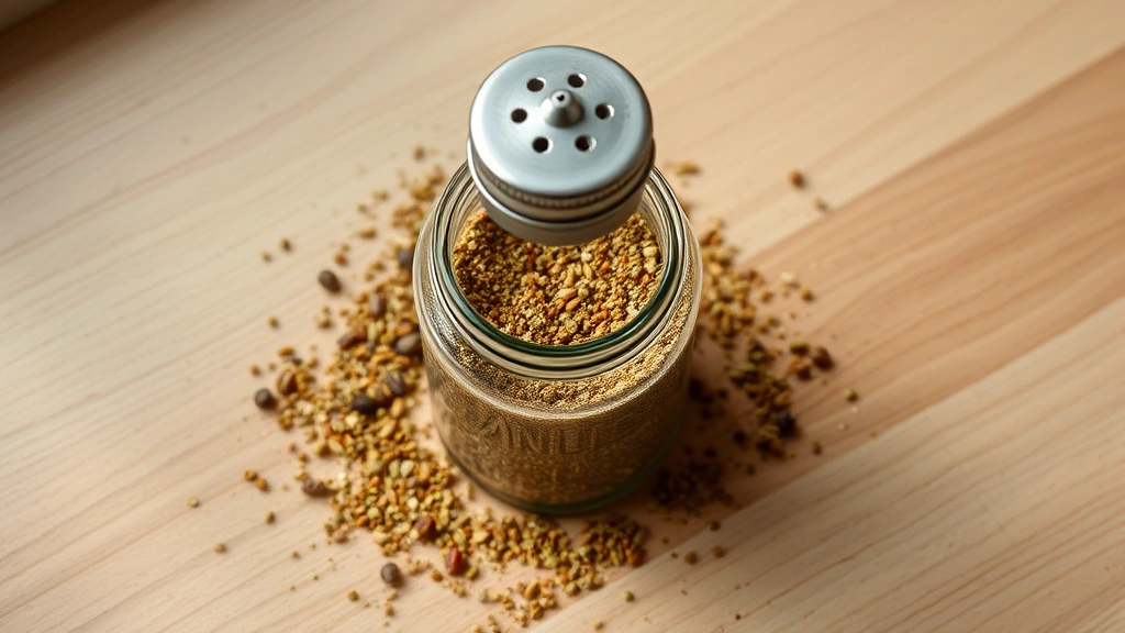hero: finished Montreal seasoning in a clear glass jar with a metal shaker top, viewed from above on a light wooden surface, with scattered coriander seeds and peppercorns around it, warm natural window light, no text