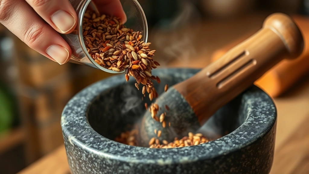 process: hand pouring toasted spices into a mortar and pestle, close-up action shot, steam visible, warm kitchen lighting, no text
