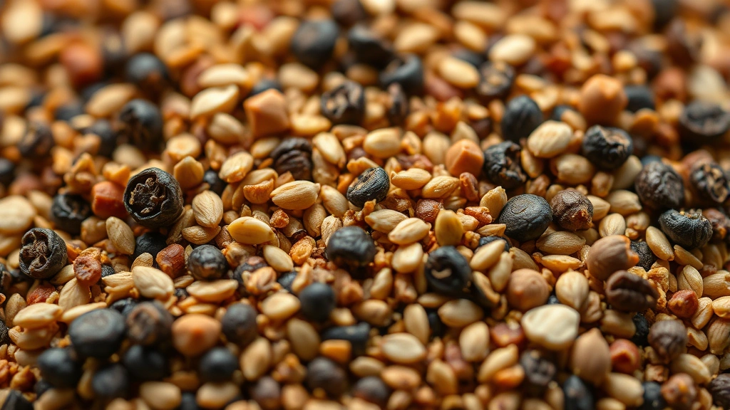 detail: extreme close-up of coarse Montreal seasoning texture showing individual spice pieces, black peppercorns, coriander seeds, and sesame seeds clearly visible, macro photography with shallow depth of field, no text