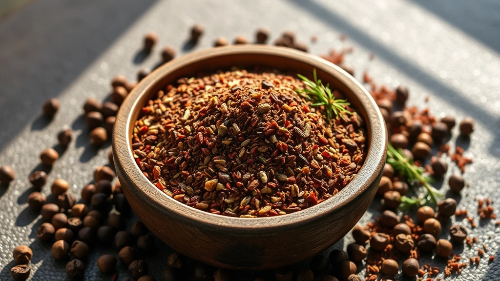 hero: Montreal steak seasoning blend in rustic wooden bowl with fresh peppercorns and spices scattered around, natural sunlight streaming across, textured background, appetizing presentation