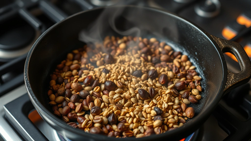 process: toasting whole spices in cast iron skillet over stovetop flame, steam rising, peppercorns and coriander seeds visible, warm golden lighting