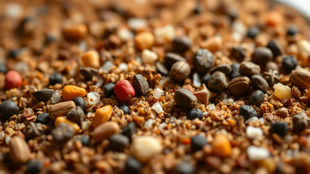 detail: close-up macro shot of coarse Montreal steak seasoning texture showing individual peppercorns, salt crystals, and spice pieces, shallow depth of field, natural window light