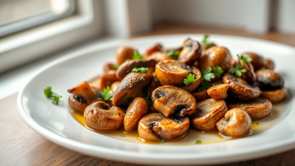 hero: golden sautéed morel mushrooms in butter and garlic on white plate with fresh thyme and parsley garnish, natural window light, shallow depth of field, no text
