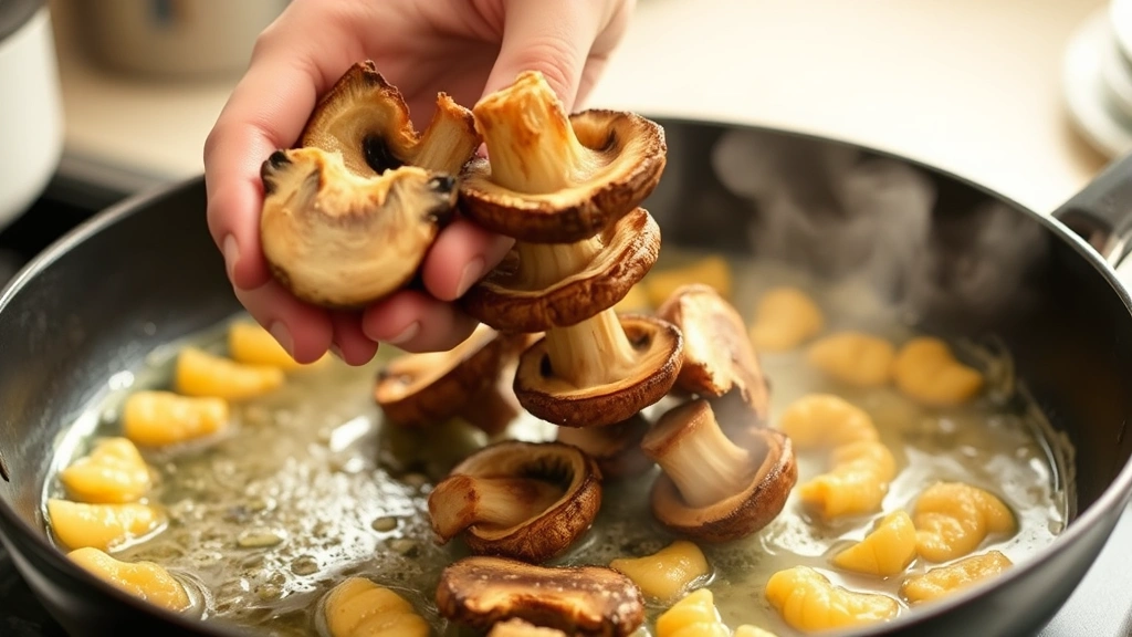 process: hands tossing morel mushroom halves in hot buttered skillet, golden crust forming, steam rising, warm kitchen lighting, no text