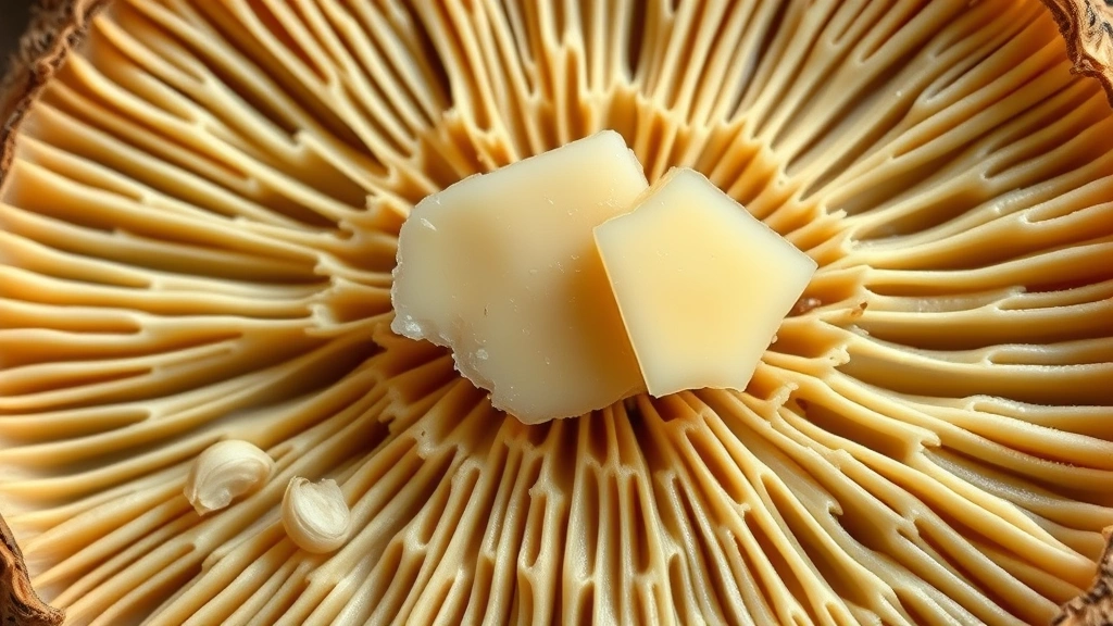 detail: close-up of single morel mushroom cross-section showing honeycomb interior texture with butter and garlic cloves, macro photography, natural light, no text