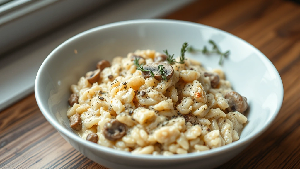 hero: finished creamy morel mushroom risotto in a white bowl with fresh thyme garnish and black pepper, photorealistic, natural window light from left, no text, shallow depth of field