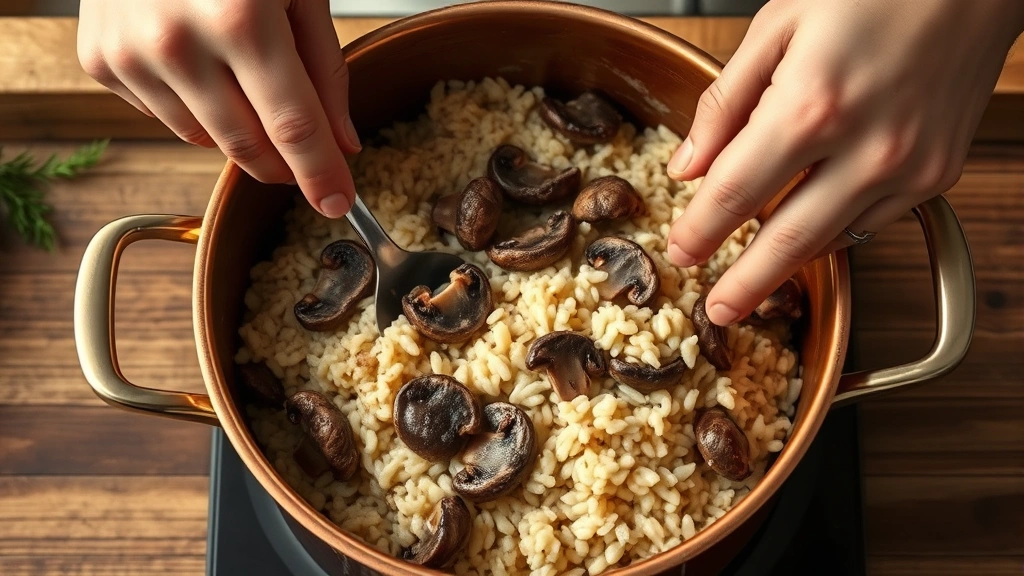 process: hands stirring risotto in copper pot with visible morel mushrooms and creamy rice texture, photorealistic, warm kitchen lighting, no text, over-shoulder angle