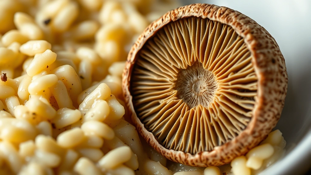 detail: close-up macro of halved morel mushroom cross-section showing honeycomb interior texture next to creamy risotto, photorealistic, natural light, no text, extremely shallow depth of field