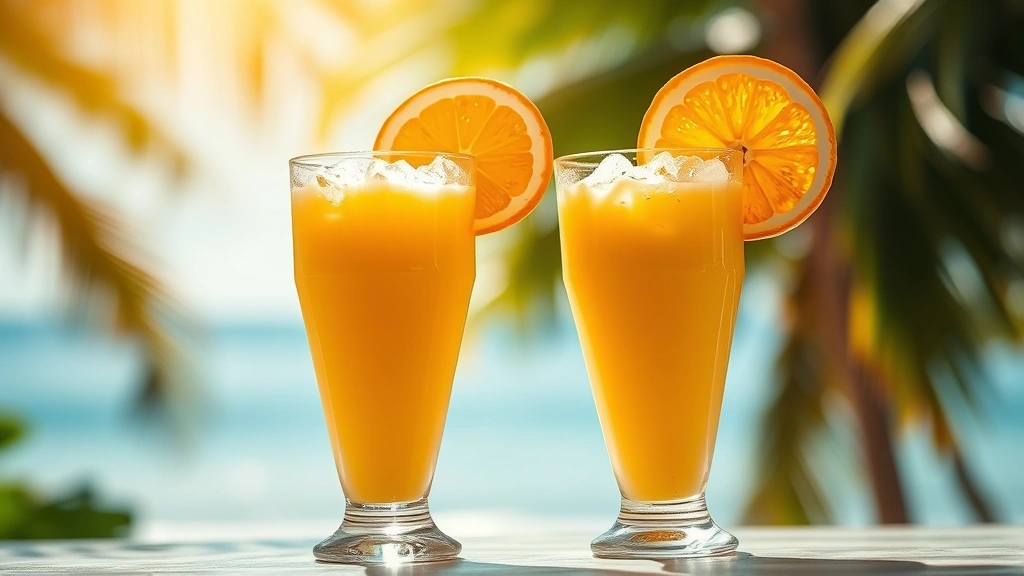 hero: two tall glasses of creamy orange Morir Soñando drink with crushed ice and orange slice garnish, tropical setting, bright natural sunlight, condensed and vibrant